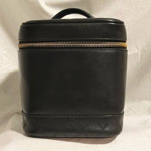 Authentic CHANEL Black Lambskin Leather Vanity Case